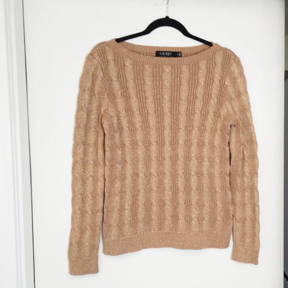 Metallic Gold 90% Woven in Cotton Cable Knit Boatneck Pullover Sweater Sz Lg